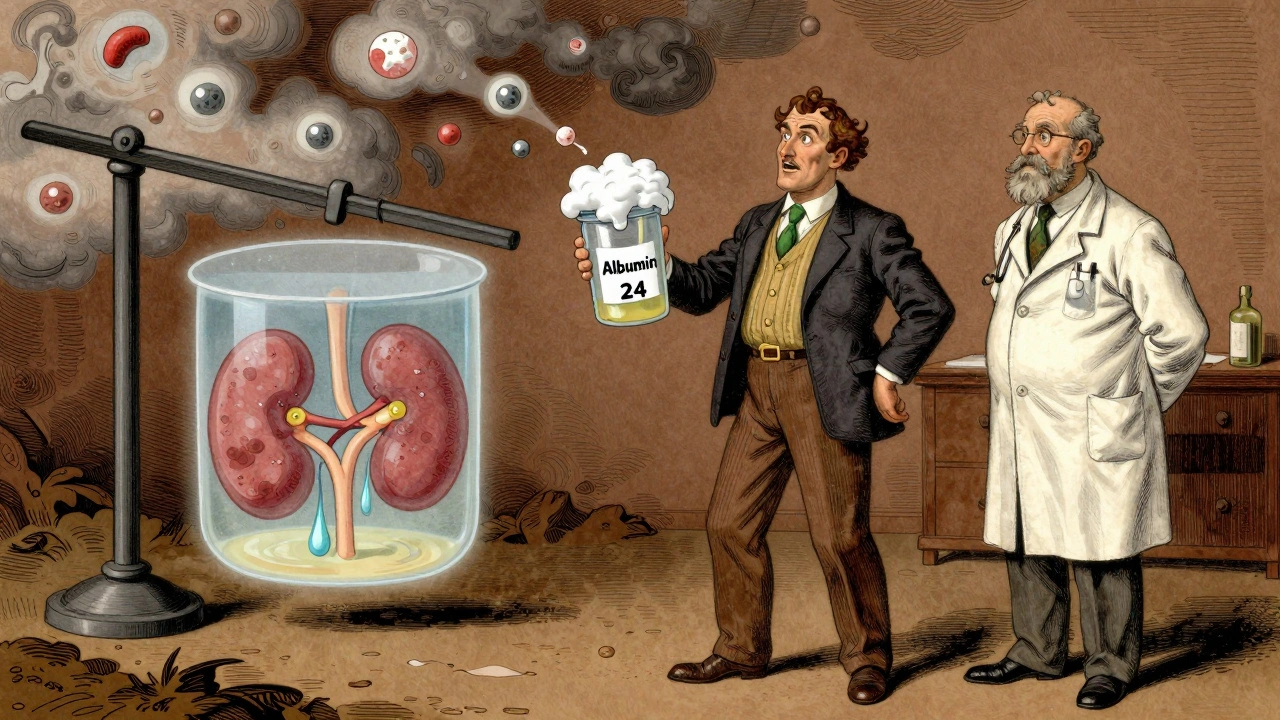 Adult holding foamy urine jug as kidney filter diagram shows protein leakage, scale tipping from fluid weight.