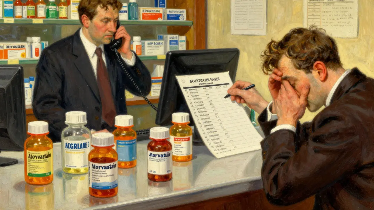 American pharmacy counter with multiple generic drug brands and a confused customer comparing prices.