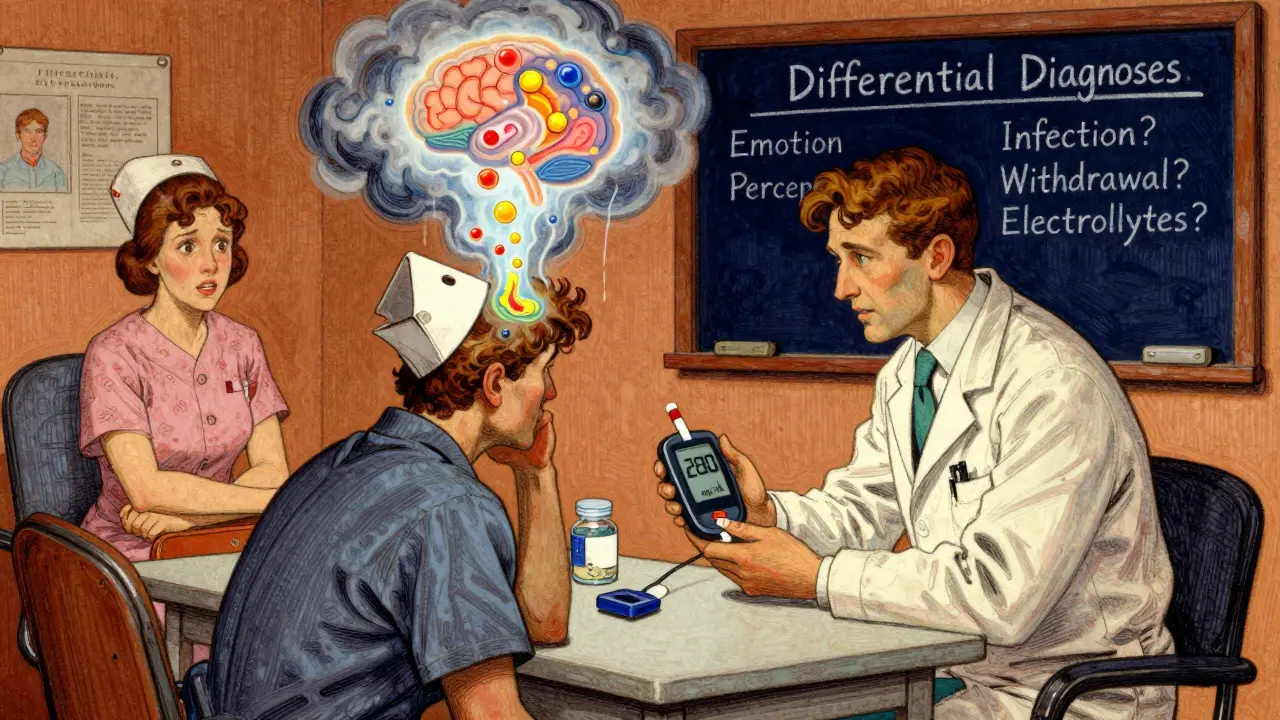 An emergency room scene with a doctor checking blood sugar as abstract cortisol molecules disrupt the patient's brain.