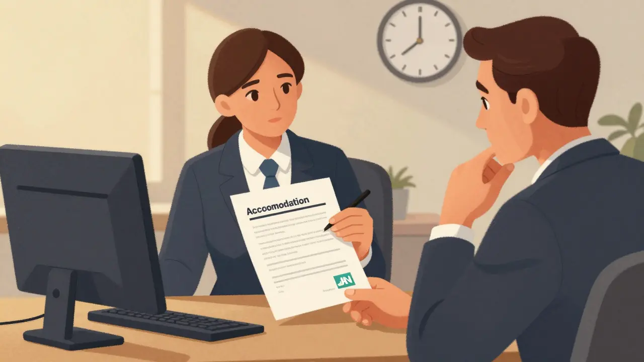 An employee presenting a written accommodation request to a manager with supportive documents on the desk.