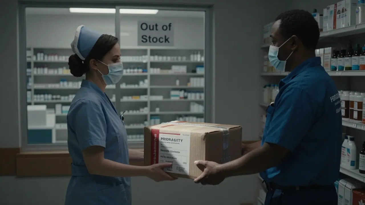 Canadian hospital receiving priority drug shipment during shortage while U.S. shelves remain empty in background.