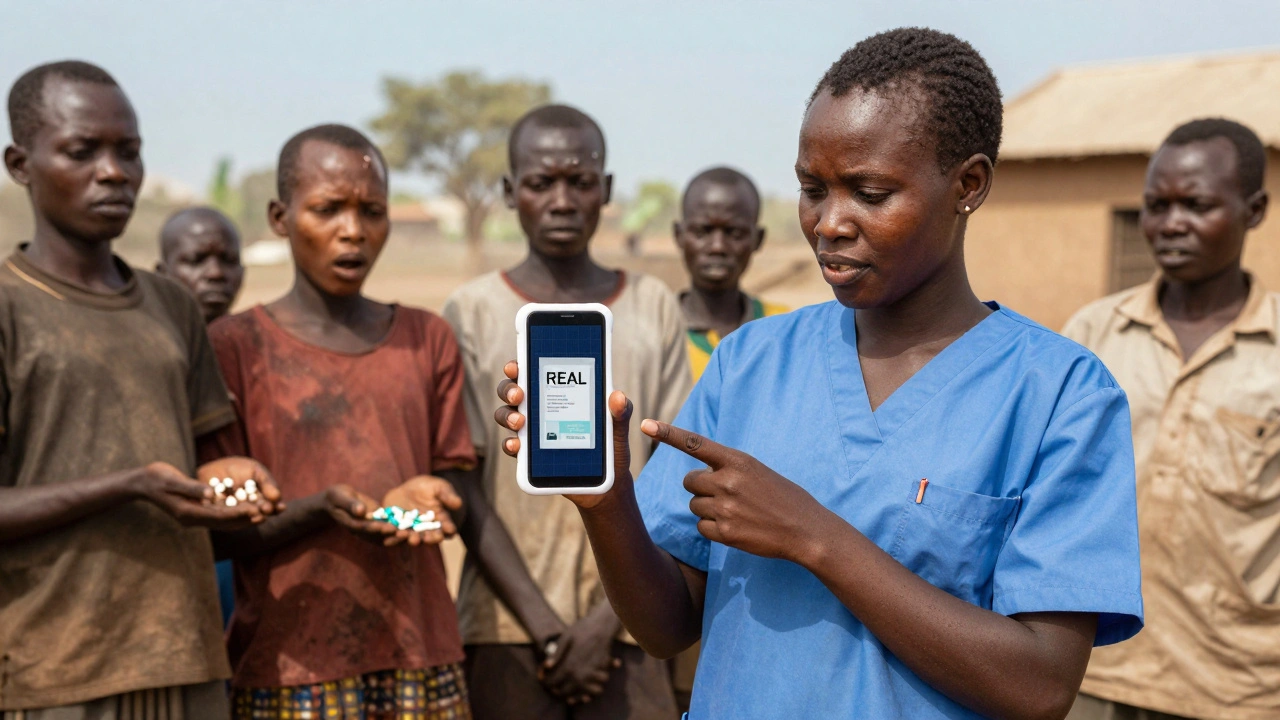 Community health worker shows villagers a verified medicine using a solar tester, others hold fake pills.