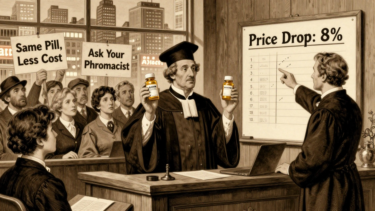 Courtroom scene with judge holding pill bottles, patients holding signs about lower drug costs in historical attire.