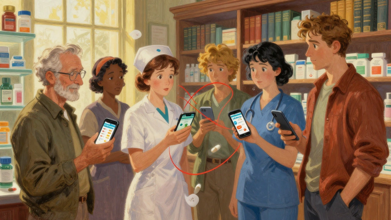 Diverse group in a pharmacy holding phones with app alerts, red warning lines connecting their medications in the air.