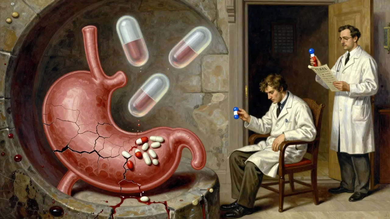 Drug molecules failing to dissolve in a stomach chamber, with enteric-coated pills dissolving too early under dramatic lighting.