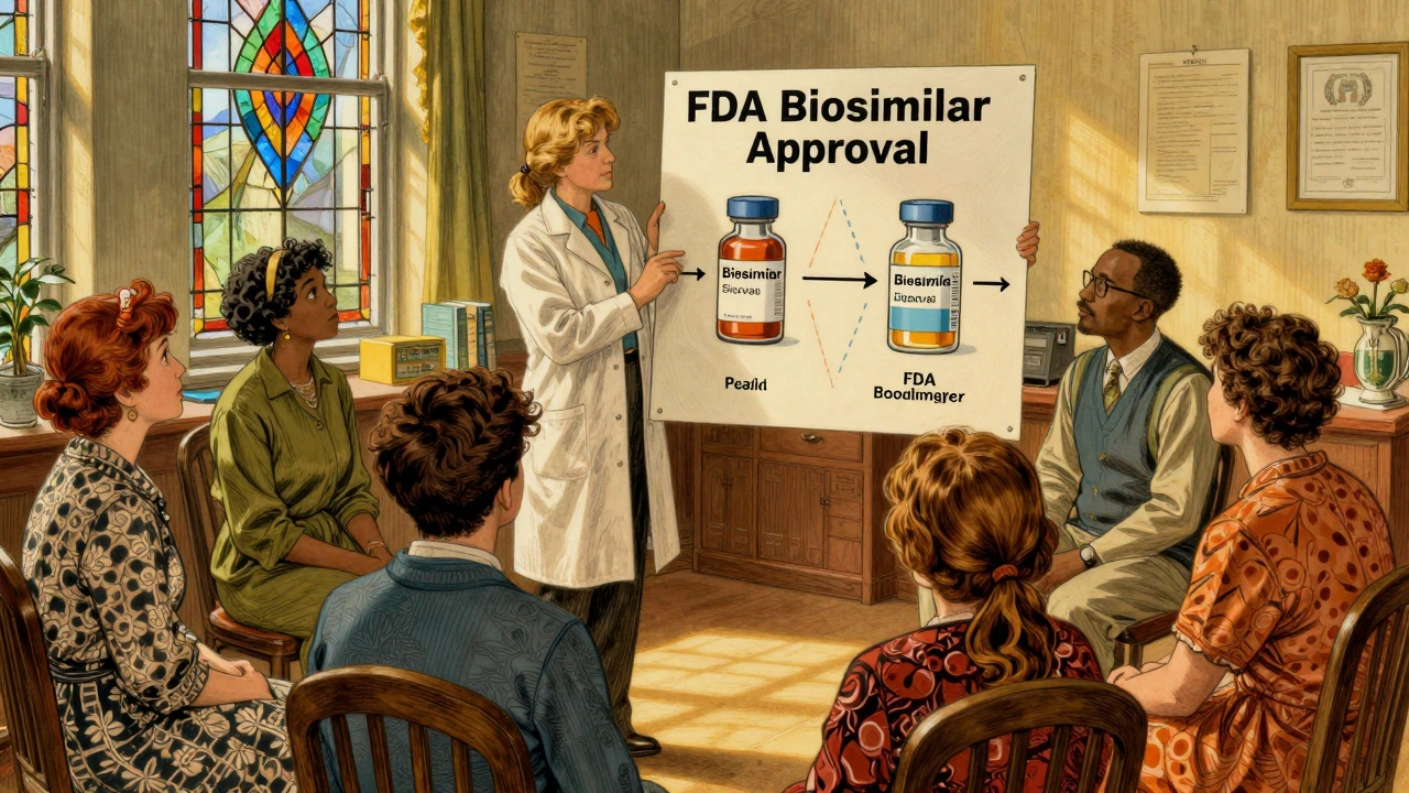 Educator explains biosimilar approval process to patients using an illustrated poster in a sunlit clinic.