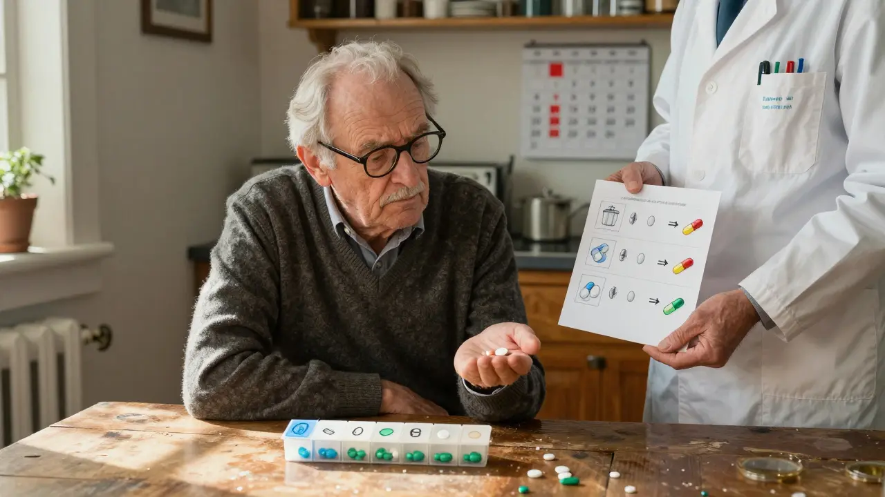 Elderly man confused by changing pill shapes at kitchen table, pharmacist holding large-print visual aid with simple drawings.
