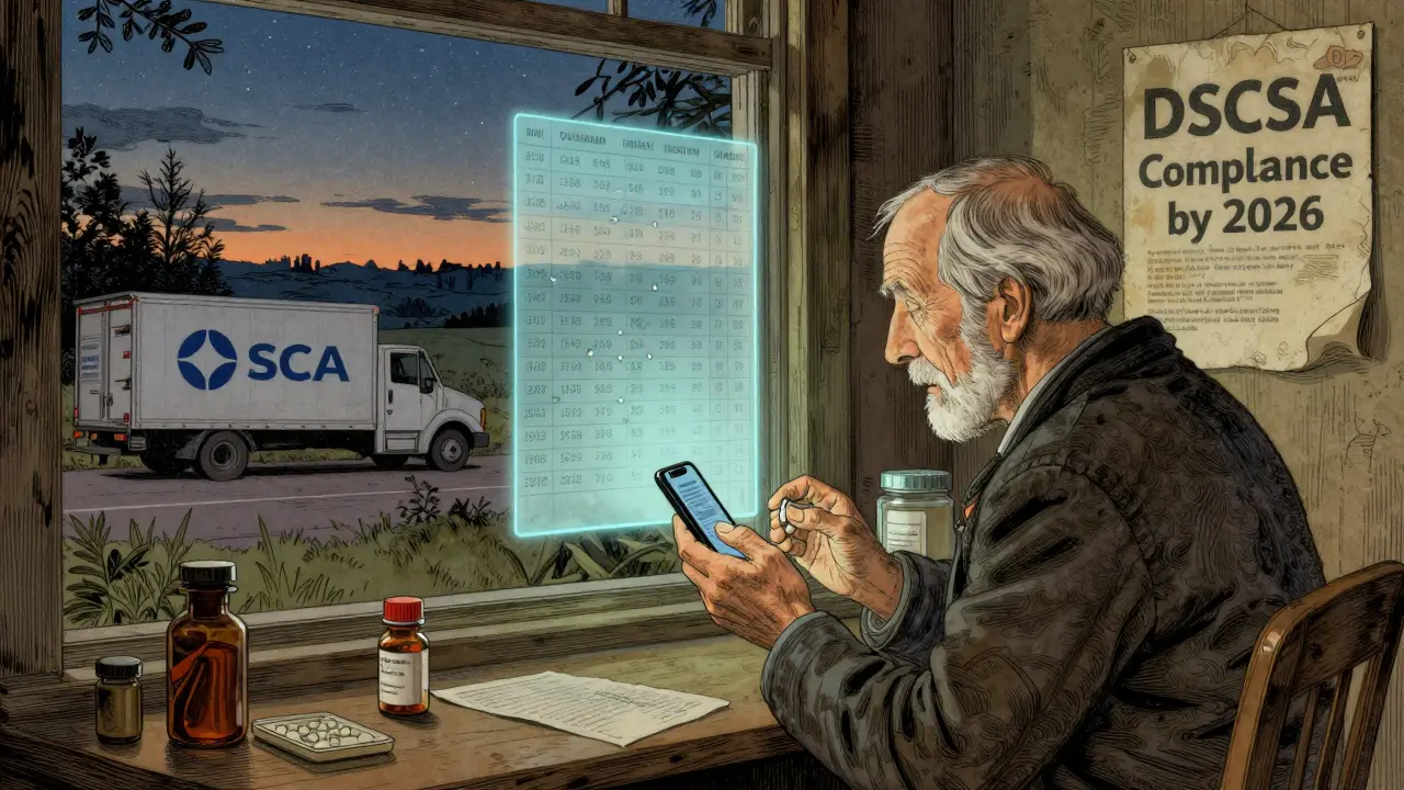 Elderly patient scanning a pill bottle in a rural pharmacy as digital ledger glows nearby.