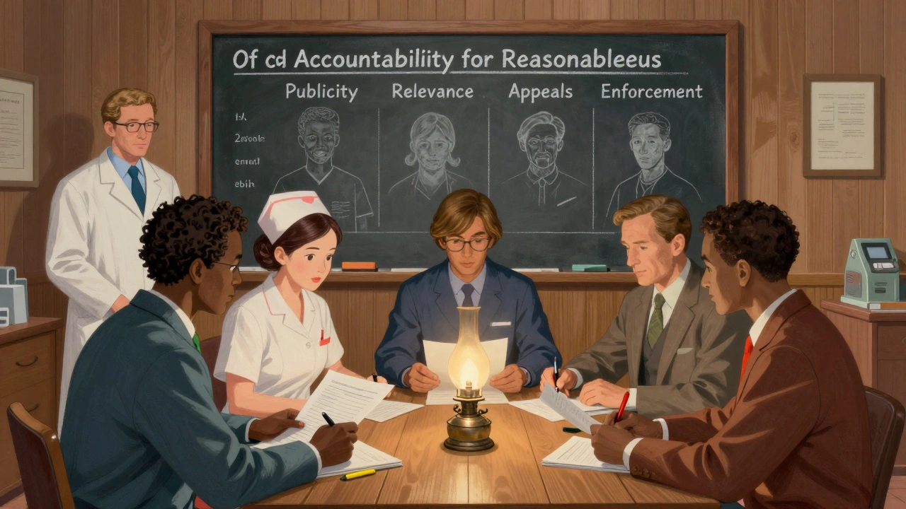 Ethics committee reviewing patient priorities using tiered criteria under lamplight.