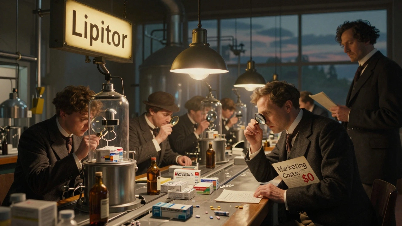 Factory production lines making identical pills, one labeled with a brand name, the other plain, under dim and bright lights.