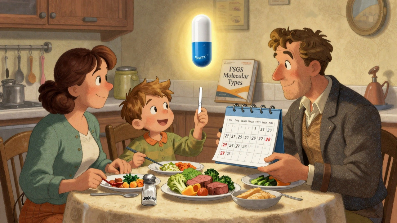 Family at table eating low-sodium meal, child holding negative urine dipstick, new drug capsule glowing in background.