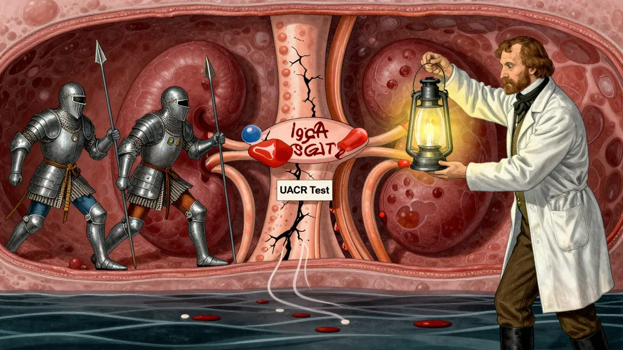 Immune cells attacking kidney filters while a doctor administers a protective potion in a historical style.