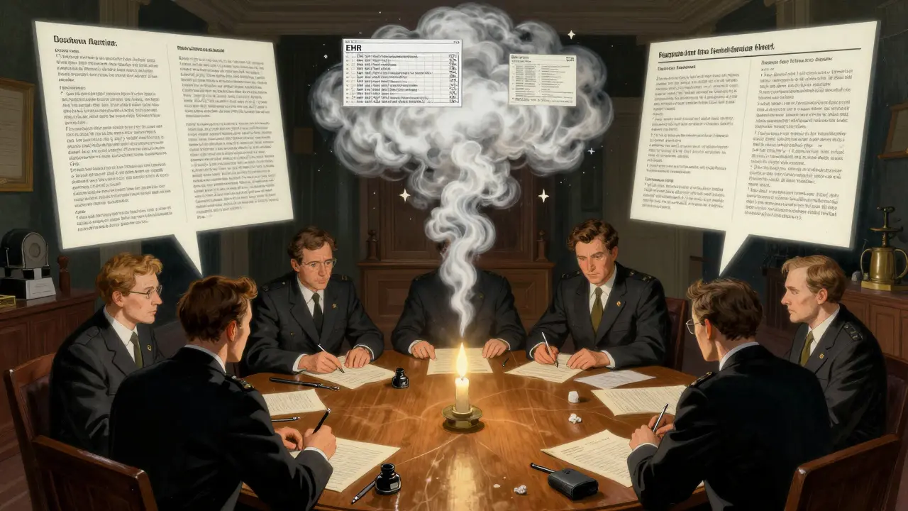 Investigators gathered around table with parchment reports and three data streams converging into one signal.