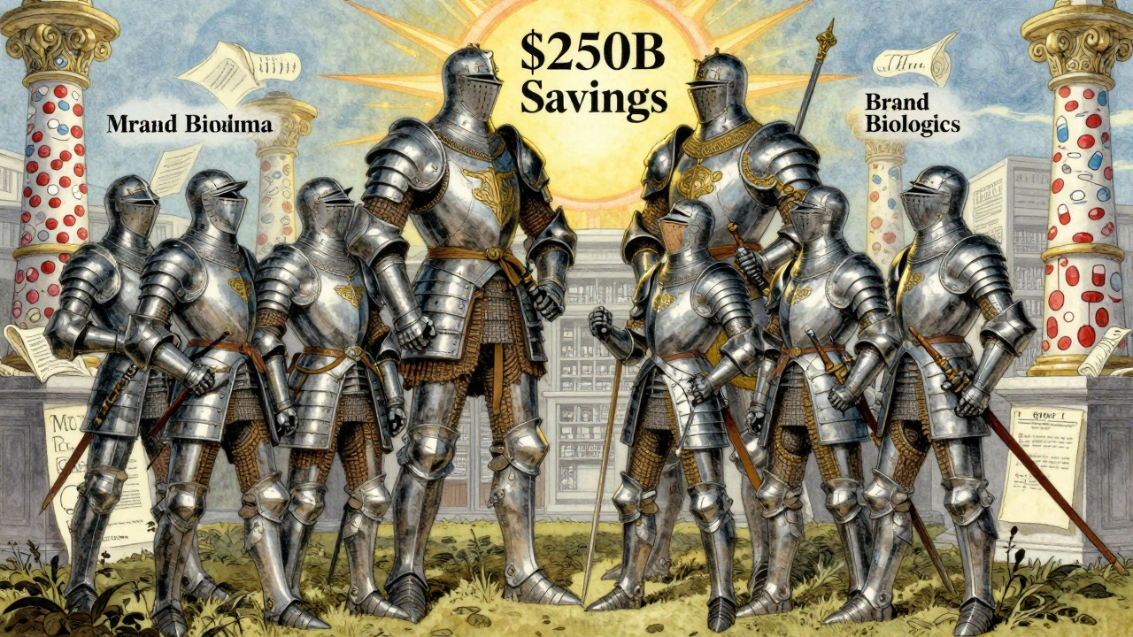 Knights representing biosimilars standing against brand biologics in a symbolic medical battlefield.