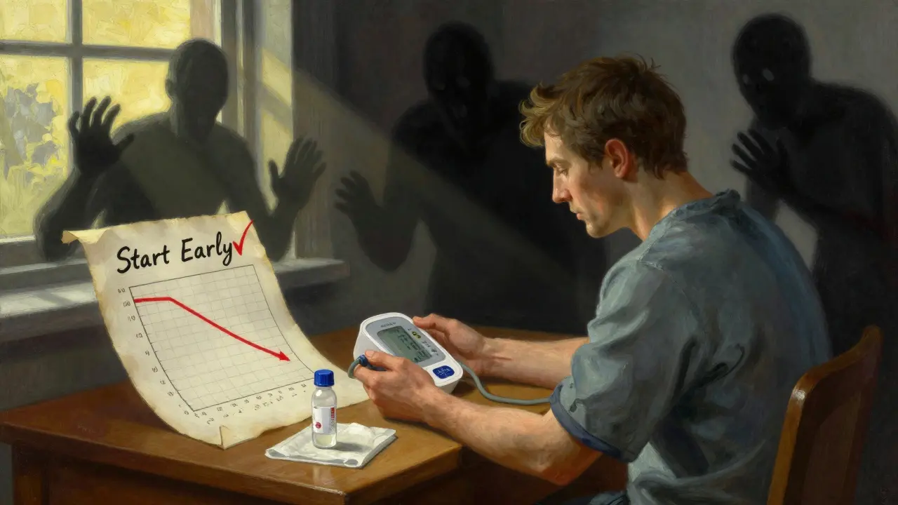 Patient testing for kidney disease at dawn as shadowy disease figures loom behind.