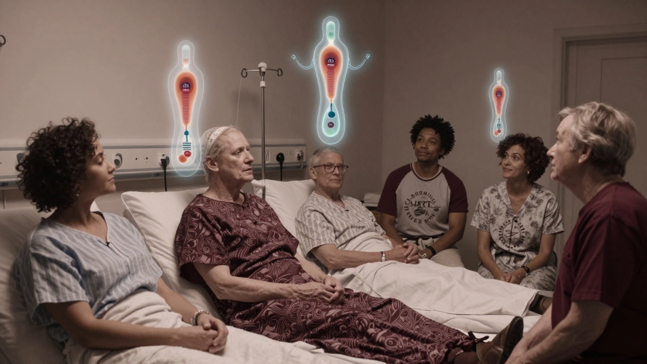 Patients receiving biosimilar treatments in a hospital, with protective antibody spirits floating above them.
