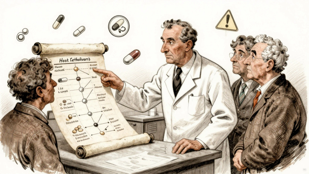 Pharmacist explaining drug interactions to a patient using a detailed parchment chart with pill icons floating around them.
