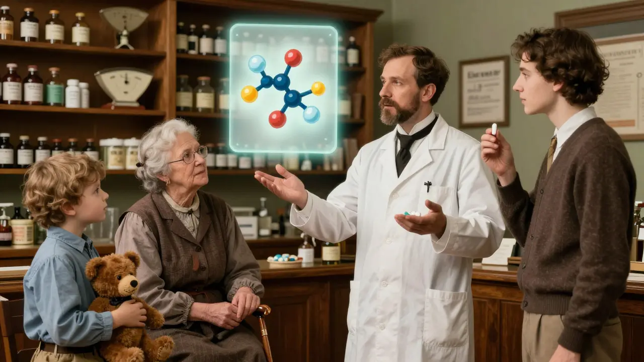 Pharmacist explains generic substitution to diverse patients, with glowing diagram showing identical medicine inside different pills.