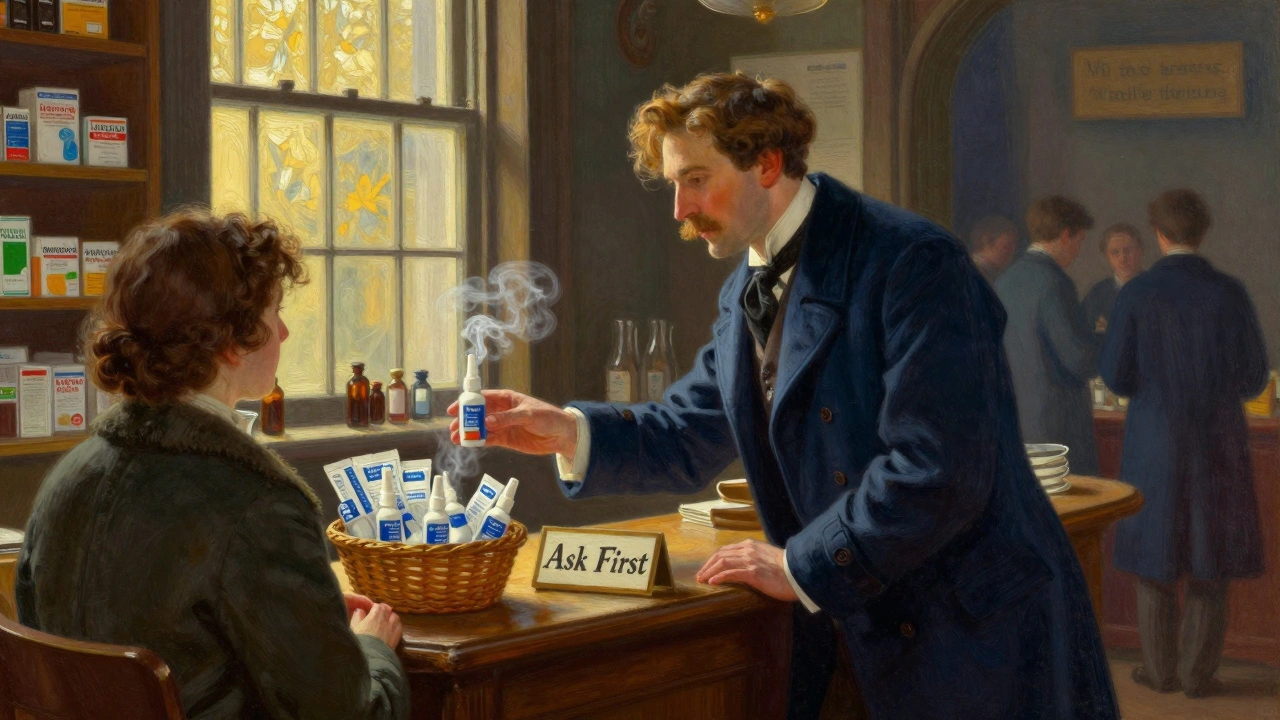 Pharmacist guiding patient away from risky cold meds toward safe saline sprays.