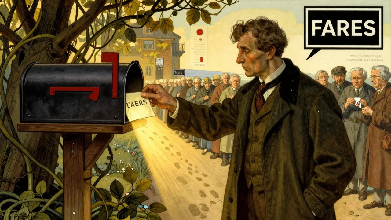 Pharmacist mailing adverse event report as golden light reveals a drug label changing with a boxed warning.