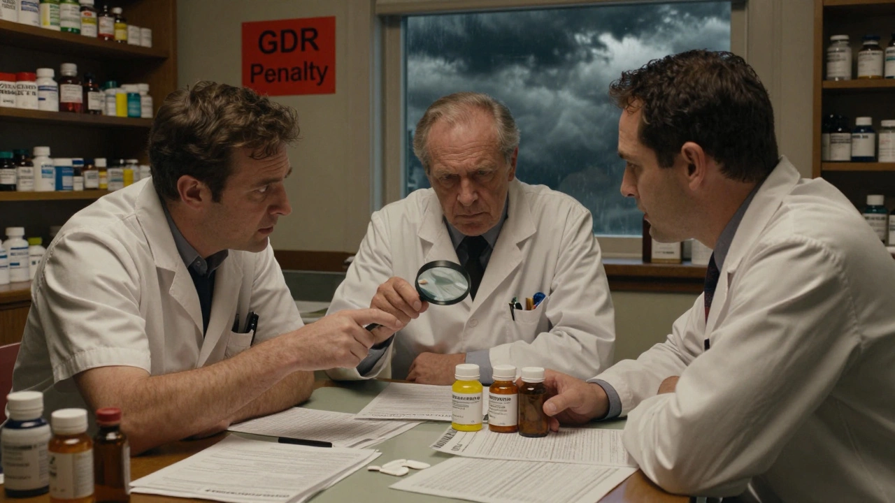 Pharmacy staff debate PBM penalties and generic labeling differences at a cluttered desk.