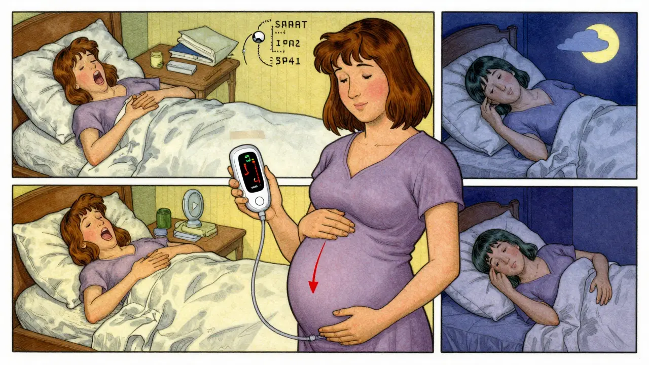 Pregnant woman consulting her doctor with a sleep monitor, past sleep troubles fading behind her as health improves.