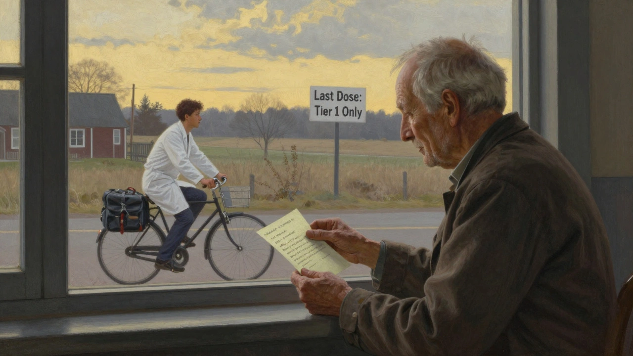 Rural doctor rides to clinic as patient receives letter about drug rationing at dawn.