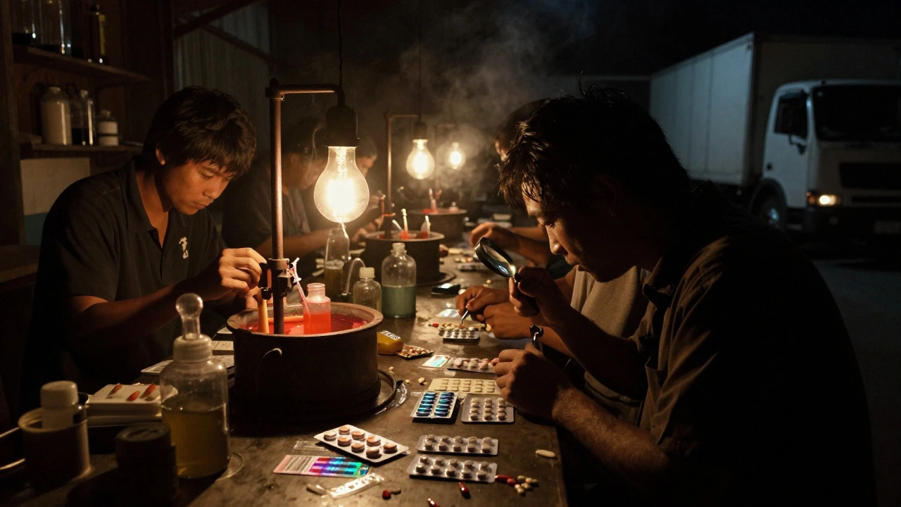 Secret counterfeit drug lab at night, workers assembling fake pills under dim light, toxic chemicals nearby.