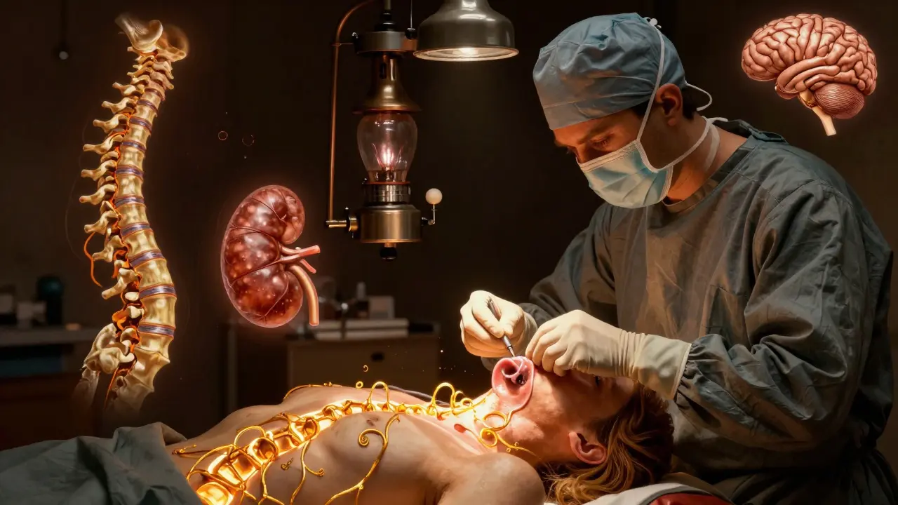 Surgeon removing an overactive parathyroid gland, with golden bone regeneration and a bright brain symbolizing recovery.