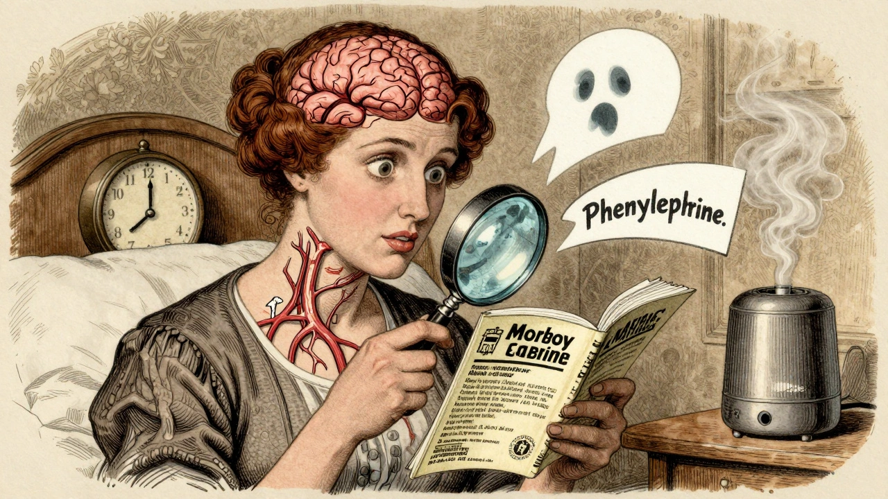 Woman reading medicine label as arteries narrow, surrounded by hidden decongestant names.