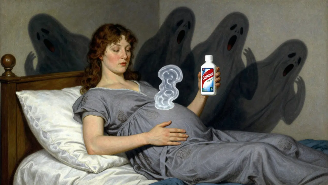 Woman seated upright on a wedge pillow, holding reflux medication, with a foam barrier shielding her stomach from heartburn.