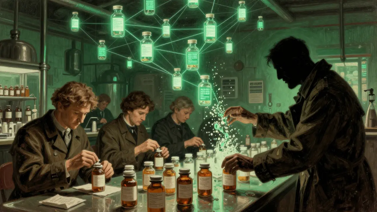 Workers sealing medicine bottles as digital blockchain fingerprints rise into a network above.