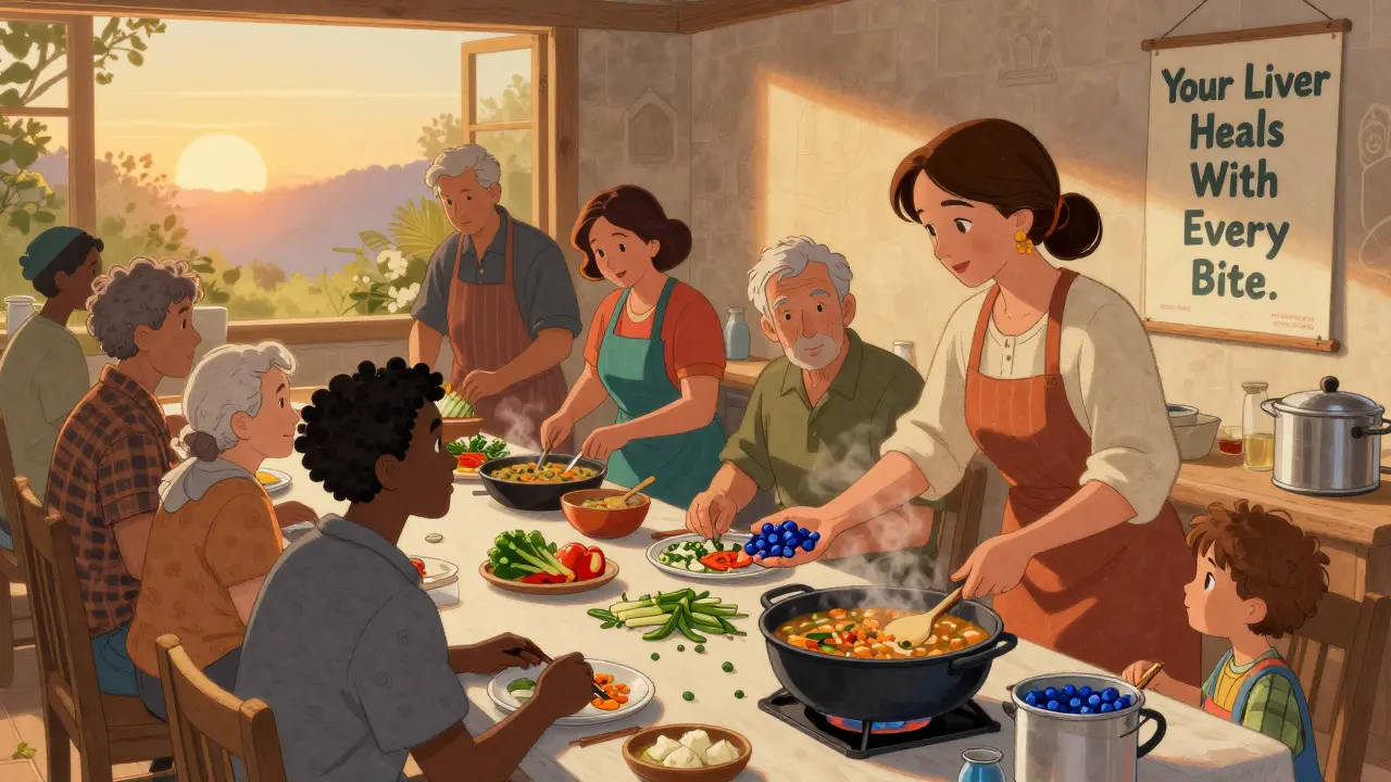 A diverse group cooking together in a sunlit kitchen, sharing wholesome meals and healing through food.