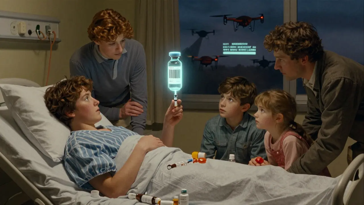 A family gathers by a hospital bed, holding a suspicious insulin vial as a glowing barcode warns of fraud.