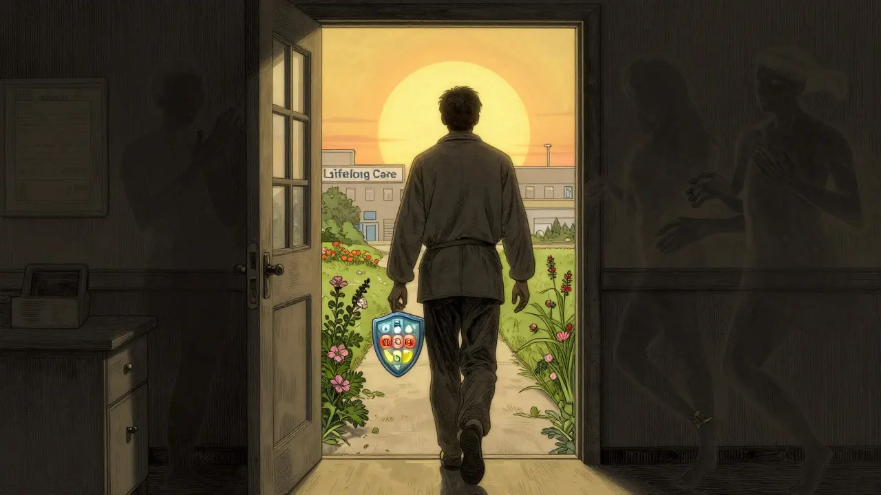 A figure walks toward sunrise carrying a pill organizer shaped like a shield, leaving behind shadows of deficiency.