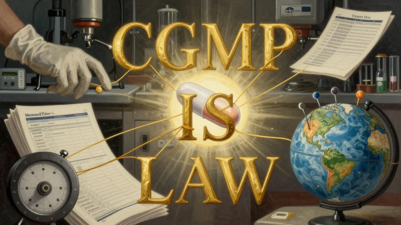 A glowing generic pill surrounded by symbols of quality control, bound by golden threads representing CGMP compliance.