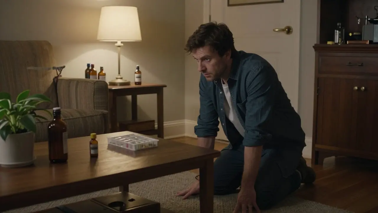 A parent kneeling at child’s height, scanning the room for unsafe medicine storage.