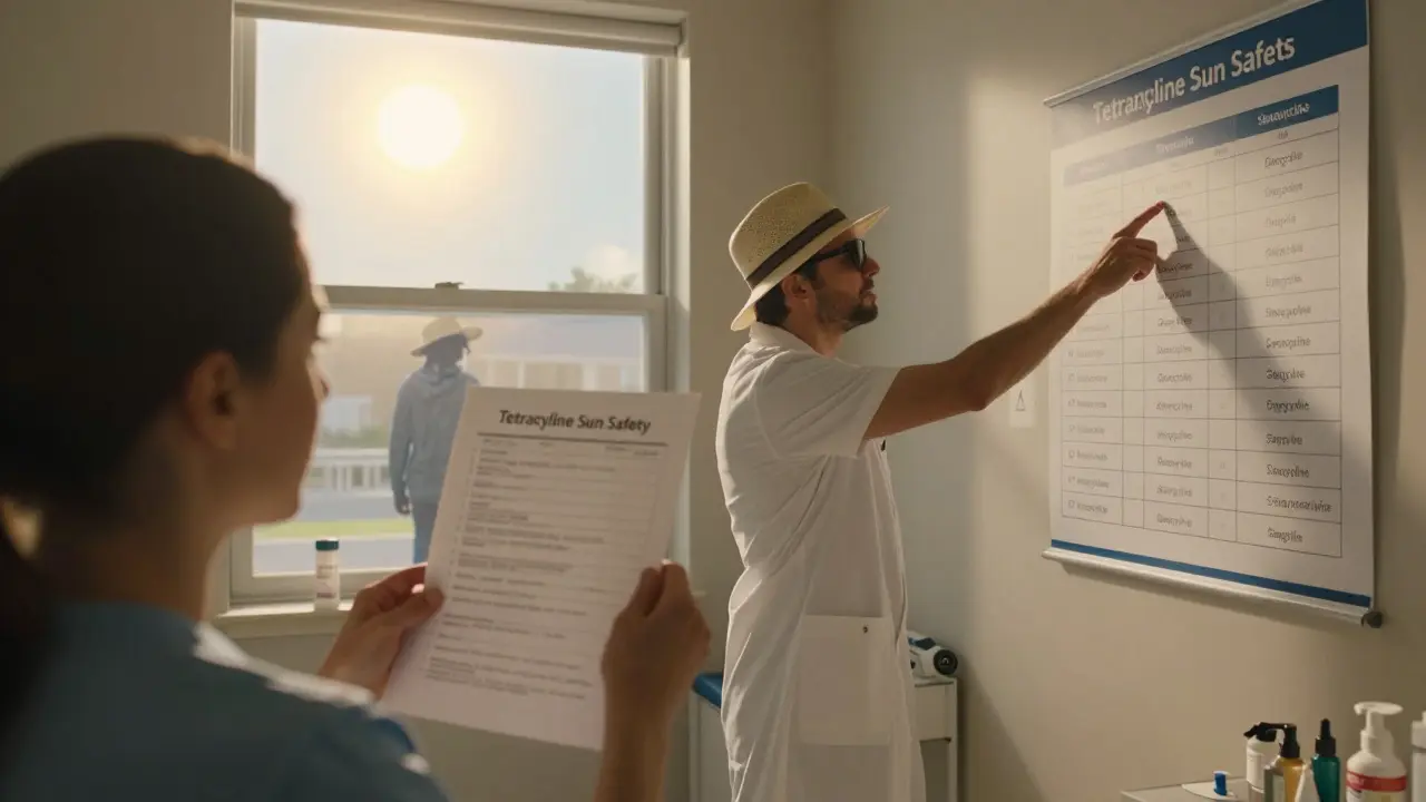 A patient consults a doctor, holding a sun safety checklist while a chart compares antibiotic risks and UV protection.