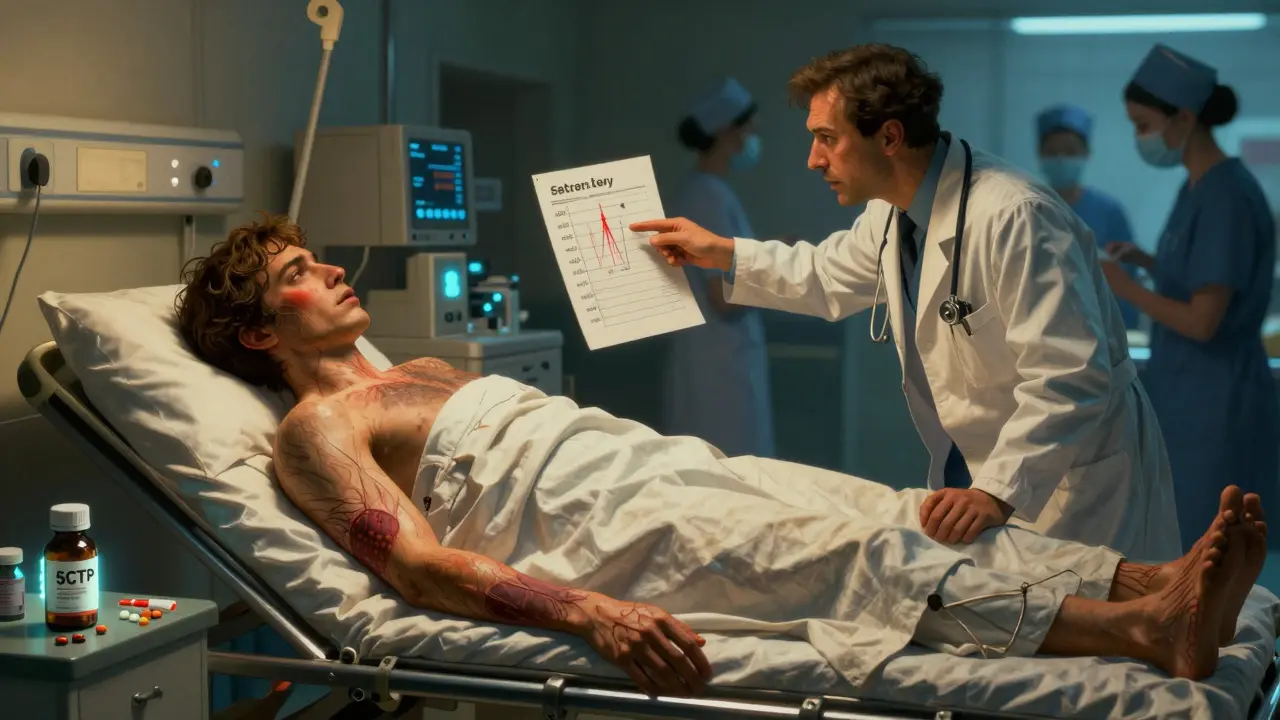 A patient in emergency room with tremors as doctors monitor rising serotonin levels, 5-HTP and SSRI bottles on the floor.