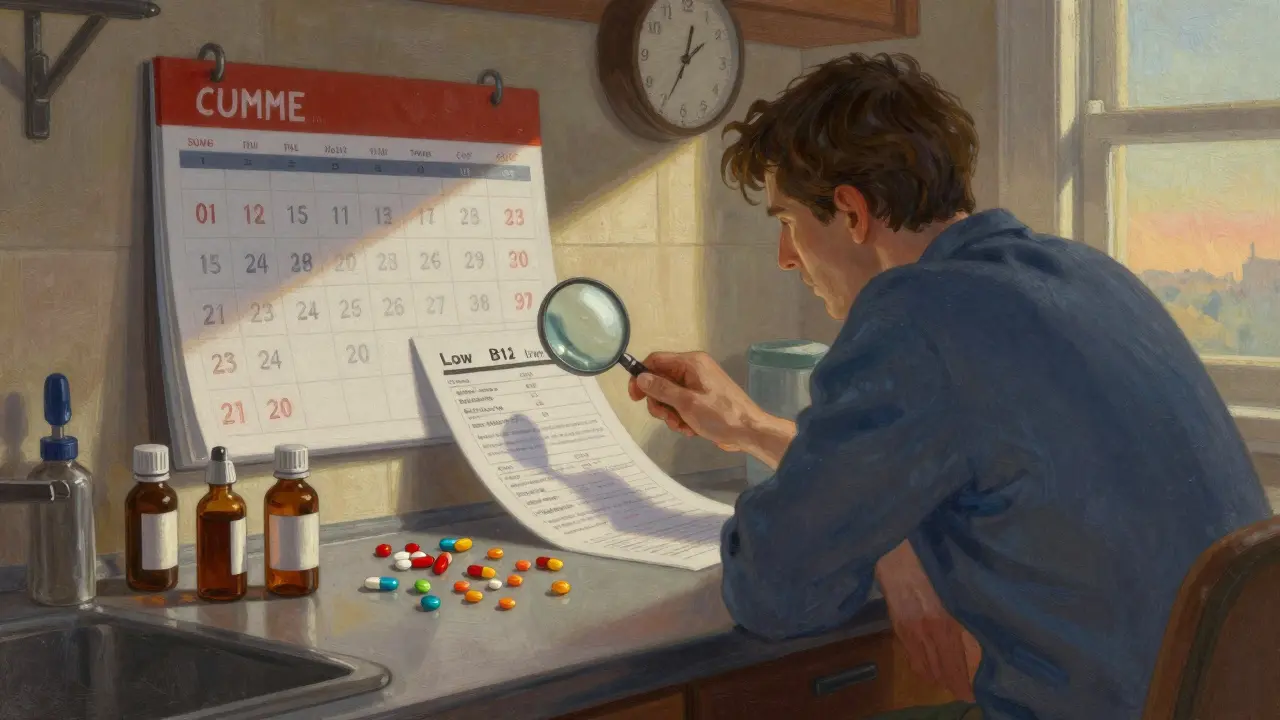 A person at a kitchen counter with vitamins, a calendar marked for blood tests, and dawn light streaming in.
