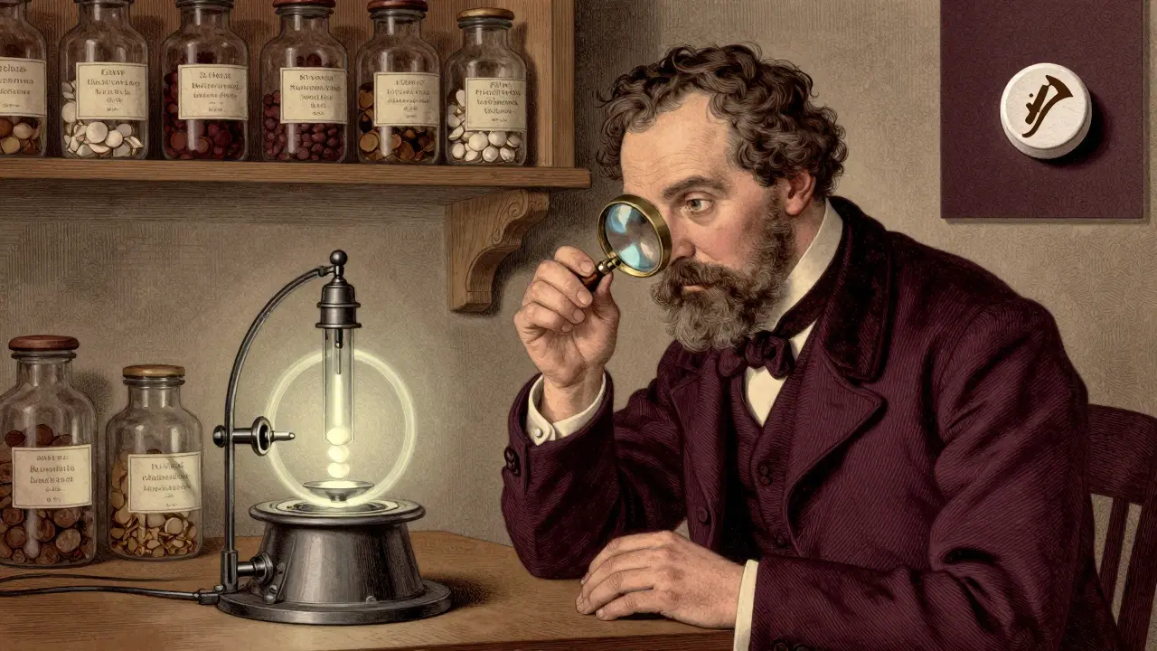 A pharmacist examines a pill under magnification, with real medicines on shelves and one counterfeit pill in shadow.