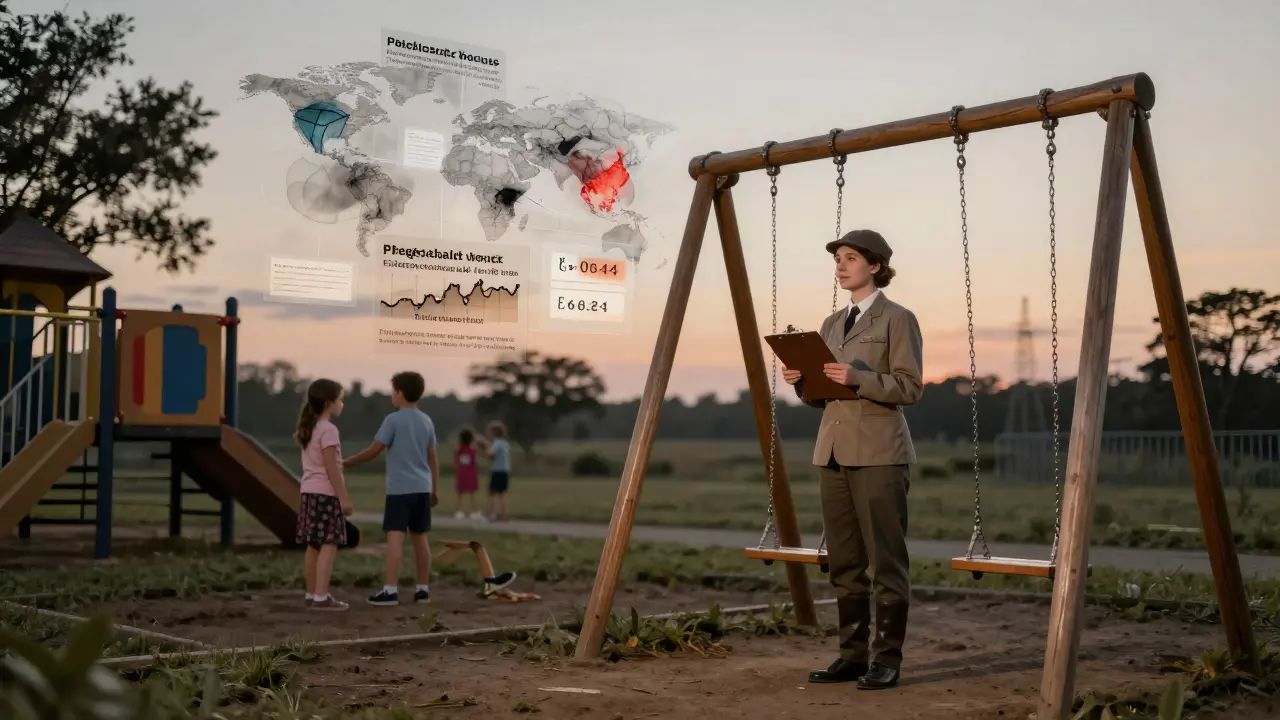 A public health worker observes children on a playground, with floating data overlays showing injury patterns and safety improvements.