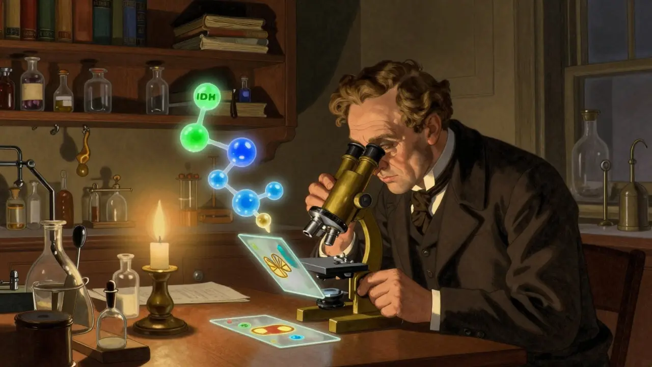 A scientist examining a brain tumor slide under a microscope, with floating molecular markers glowing in the air.