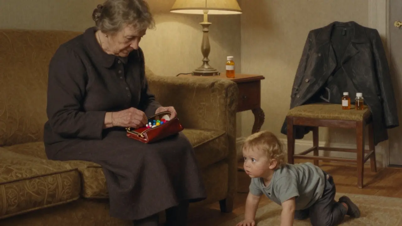 A toddler crawling toward a purse left open on the sofa, revealing pill bottles inside.