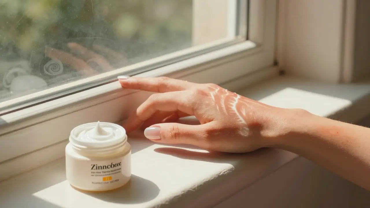A woman's hand shows lifted nails and sunburned skin near a window, with zinc oxide sunscreen nearby as protection.