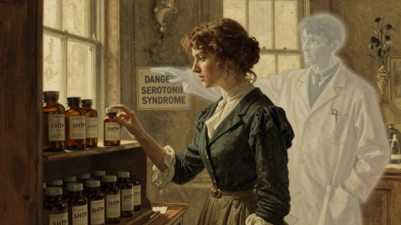A woman hesitating before a supplement shelf, a ghostly doctor warning her of serotonin syndrome danger.