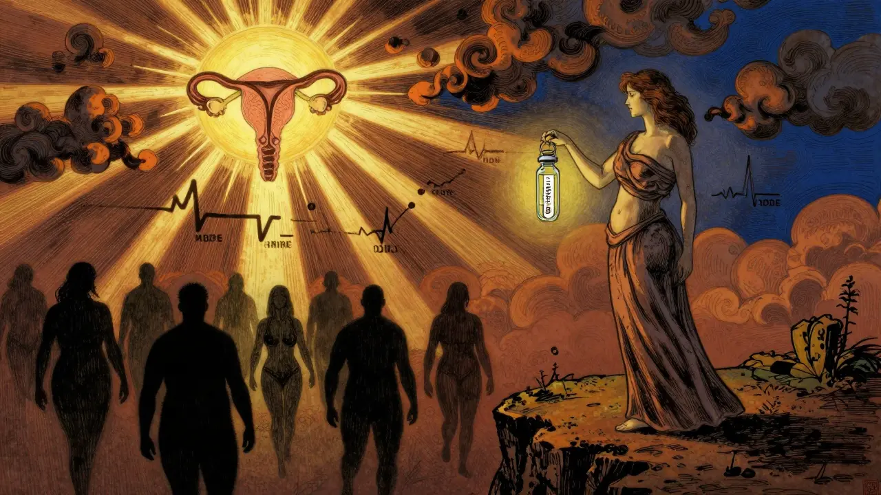 A woman holds a GLP-1 vial like a lantern, standing atop a cliff as metabolic struggles recede below, bathed in hopeful golden light.