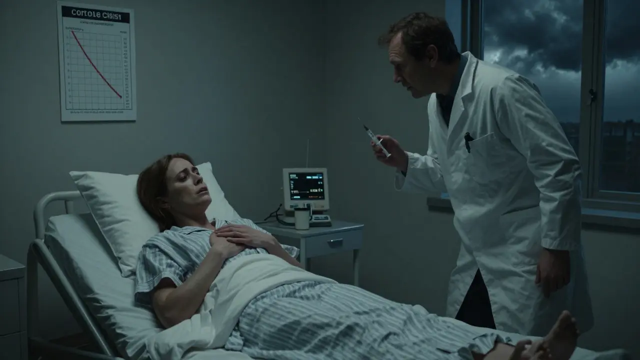 A woman in hospital with doctor rushing in, representing adrenal crisis from abrupt steroid stop.