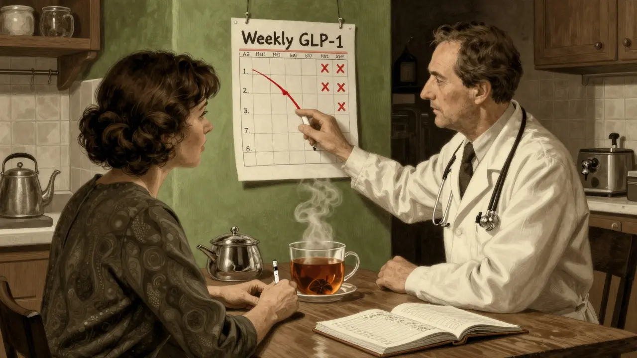 A woman receives a GLP-1 injection at home while her doctor shows a chart of improving health metrics, in classic ink-wash illustration style.