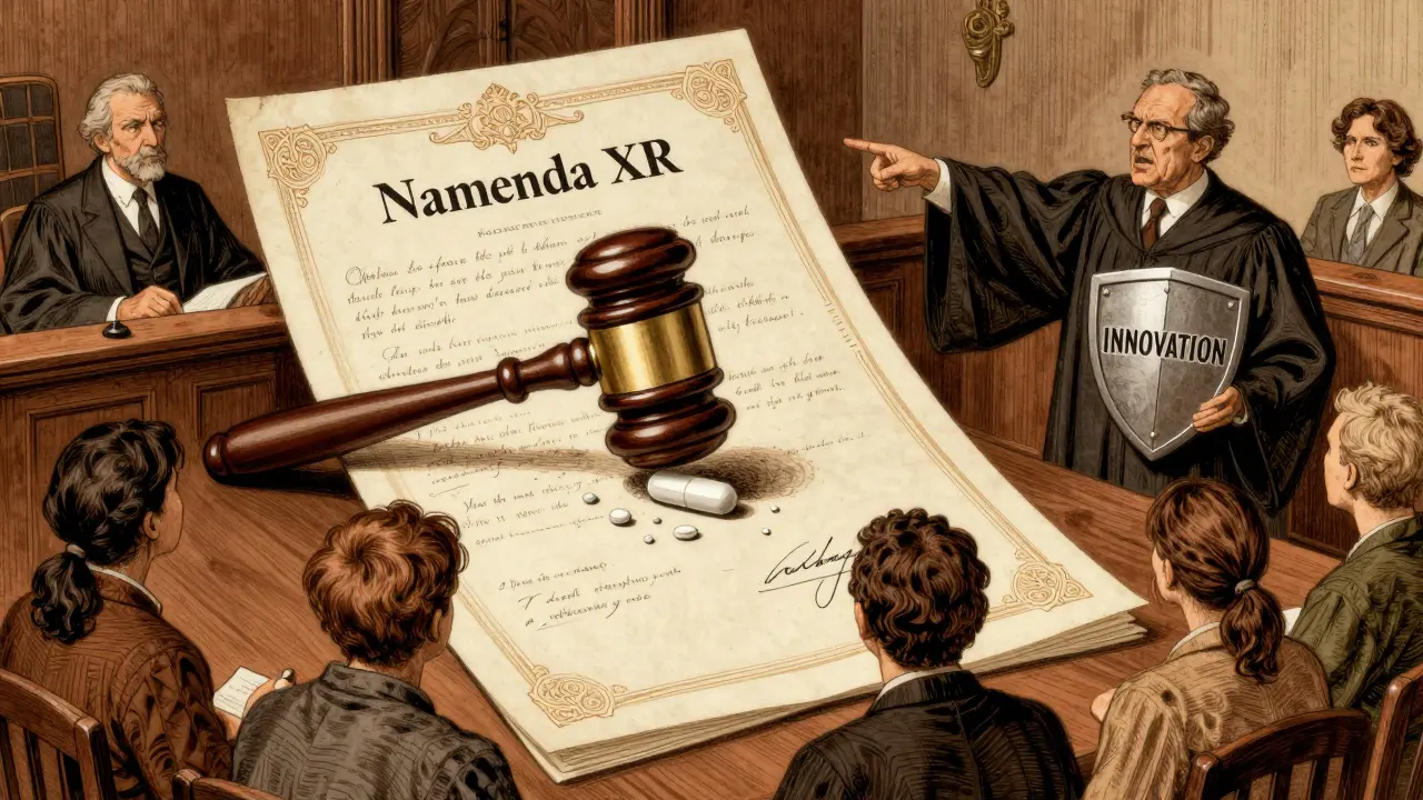Courtroom scene with a giant patent crushing a generic pill, judge condemning a corporate lawyer while patients watch helplessly.